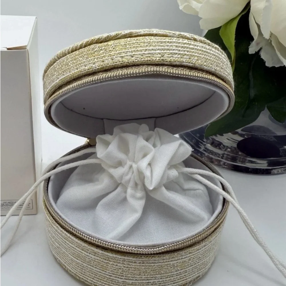 CHRISTIAN DIOR Gold Trousse Pouch Cosmetic Bag Jewelry Round Box New